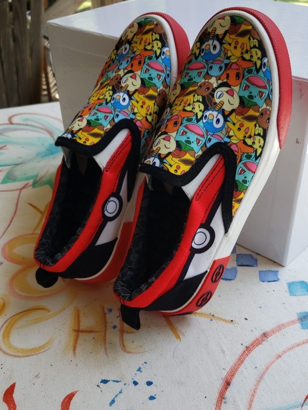 Kids Pokemon Slip-On Character Sneakers in Multi-Color with Red Trim